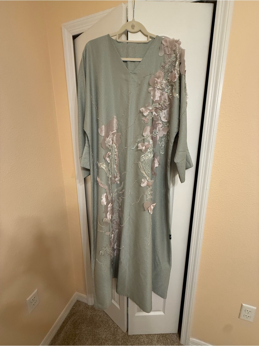 Elegant Sage Green Floral Appliqué Women's Dress - one size
